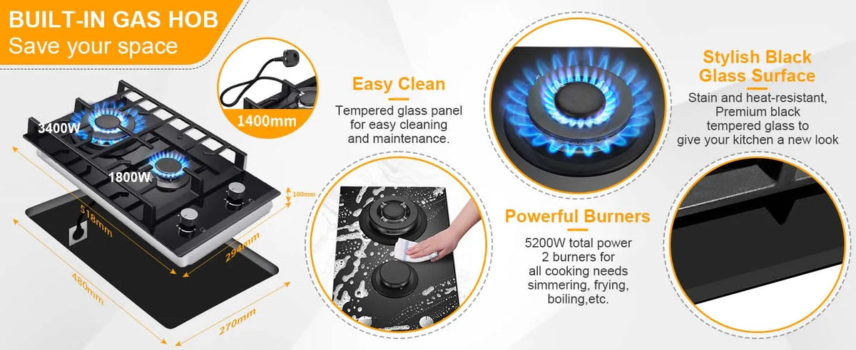 TopStrong 2 Burners 30cm Kitchen Built in Tempered Glass NG/LPG Dual Fuel Gas Hob UKGCT-B02