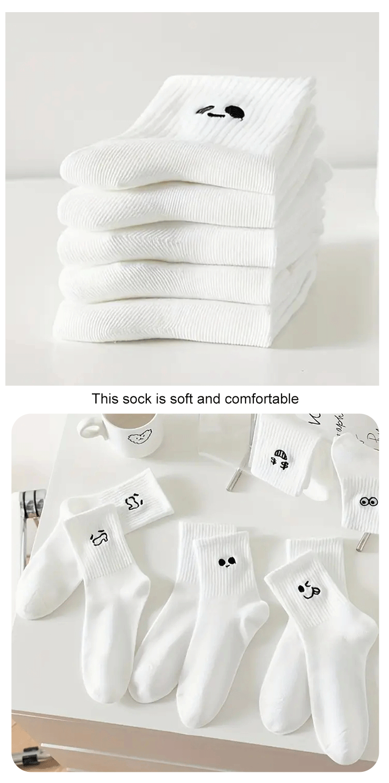 5/10/20 Pairs Men White Cartoon Socks Trendy Versatile Expression Socks With Simple Soft Breathable Comfortable Casual Socks