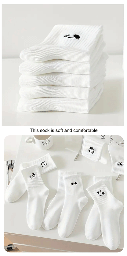 5/10/20 Pairs Men White Cartoon Socks Trendy Versatile Expression Socks With Simple Soft Breathable Comfortable Casual Socks