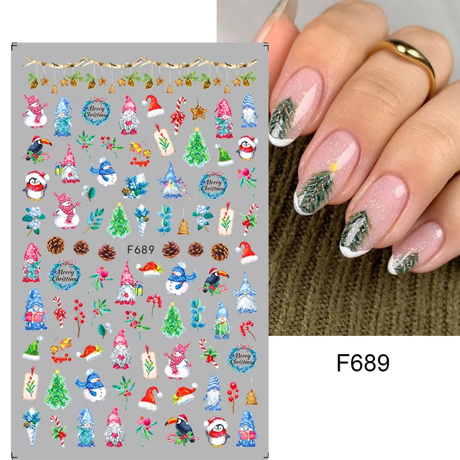 1PCS New Christmas Decorations 2023 New Year Nail Stickers Press on Nails Laser Snowflake Christmas Tree 3D Nail Decal