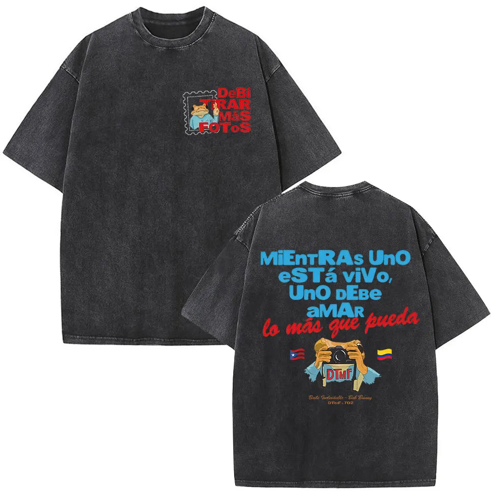 Rapper Bad Bunny Vintage Washed T Shirts Debi Tirar Mas Fotos DTMF T-shirts Men's Clothing Fashion High Quality T-shirt Couples