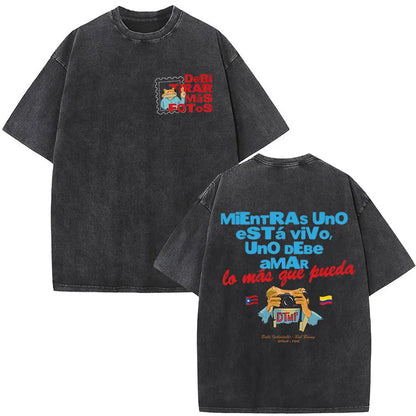 Rapper Bad Bunny Vintage Washed T Shirts Debi Tirar Mas Fotos DTMF T-shirts Men's Clothing Fashion High Quality T-shirt Couples