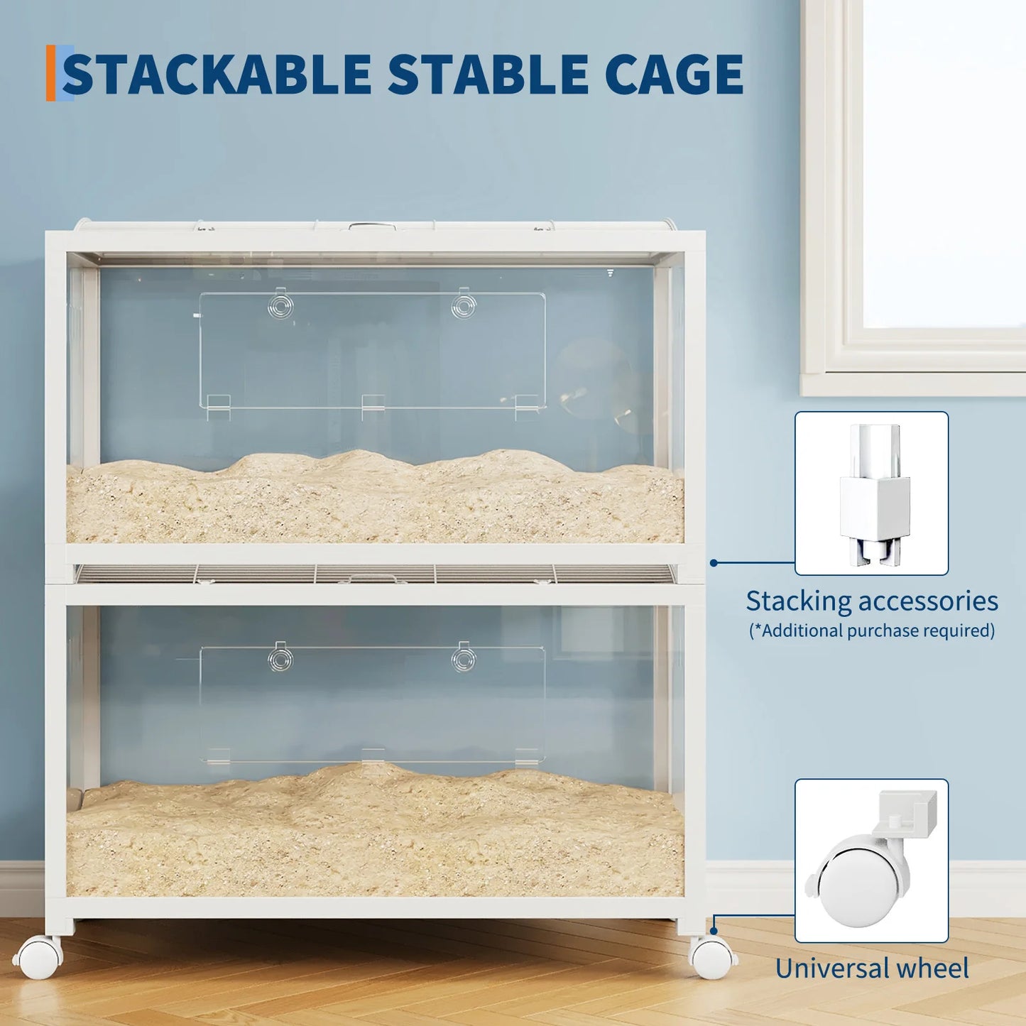 Large Hamster Cage - Metal Frame, Glass Bottom, Acrylic Sides - Chew-Proof Stackable Small Animal Habitat Box with Wheels and Door for Hamsters Gerbils Rats & Small Pets