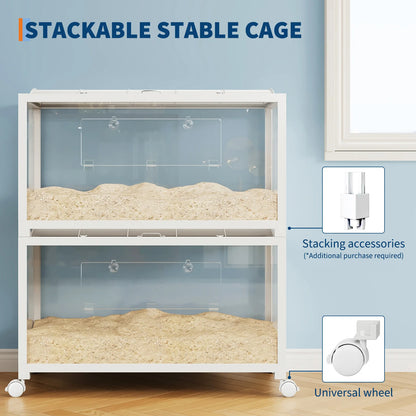 Large Hamster Cage - Metal Frame, Glass Bottom, Acrylic Sides - Chew-Proof Stackable Small Animal Habitat Box with Wheels and Door for Hamsters Gerbils Rats & Small Pets