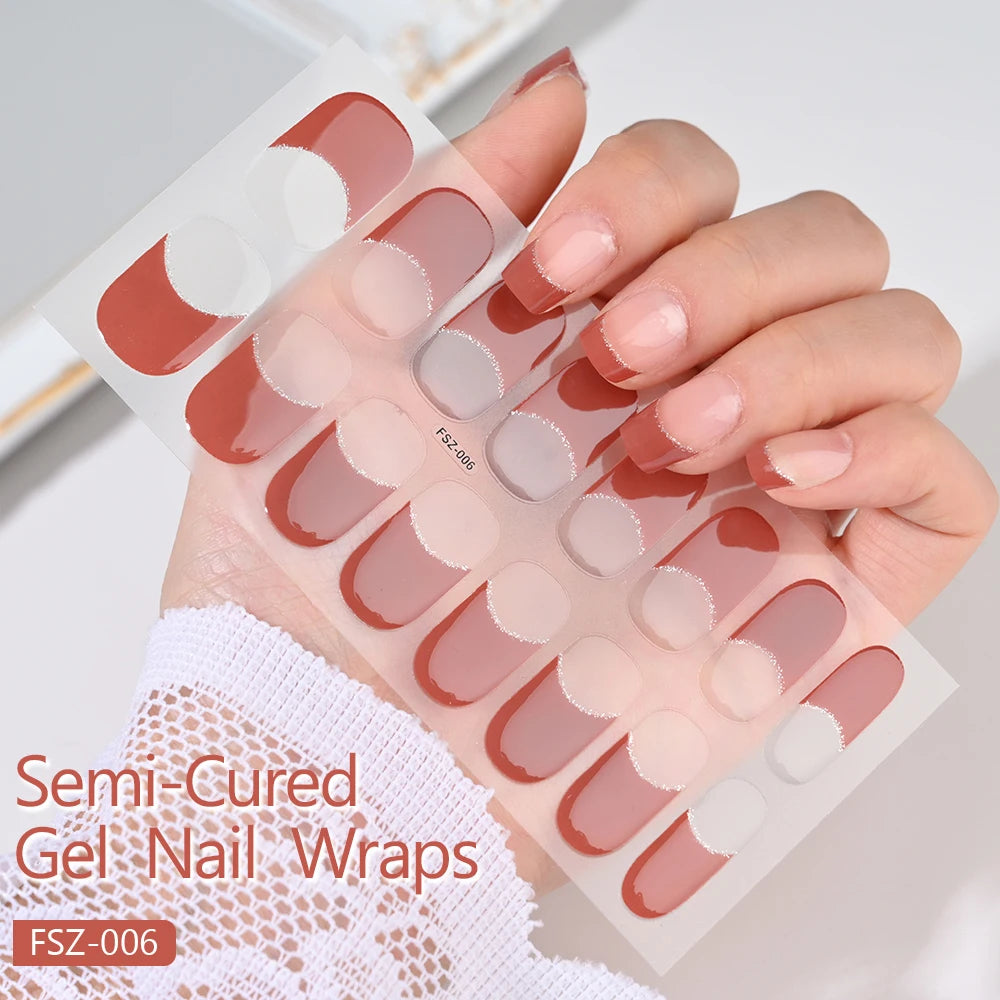 16Tips UV Semi-Cured Gel Nail Wraps Sticker 5D Pure Color Full Cover UV Lamp Gel Sticker Long-Lasting Nail Extension Patch Strip