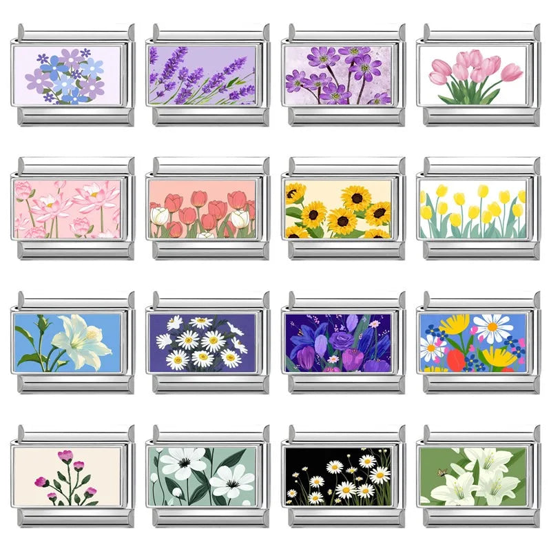 2025 Women's Fashion Colorful Flowers Oil Painting Style Series Italian Charms Fit 9mm Stainless Steel Bracelet DIY Jewelry Gift