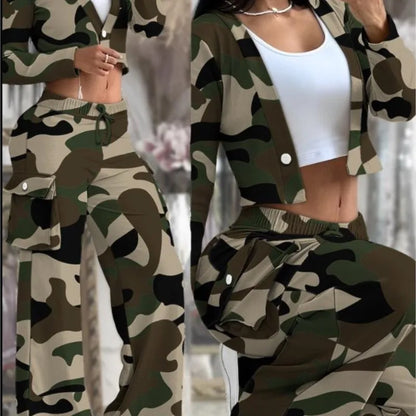 Autumn Fashionable And Elegant Solid Color Women's Suit Long-sleeved V-neck Short Coat Pocket Wide-leg Drawstring Trousers Suit