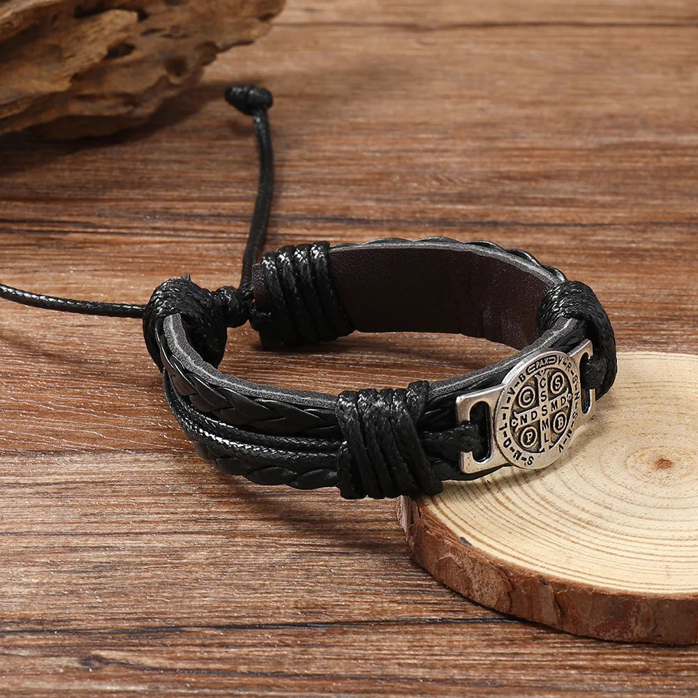 Vintage Handmade Braided Leather Bracelets For Men Myth Cross Scripture Retro Lace-Up Punk Style Leather Bracelet Accessory Gift
