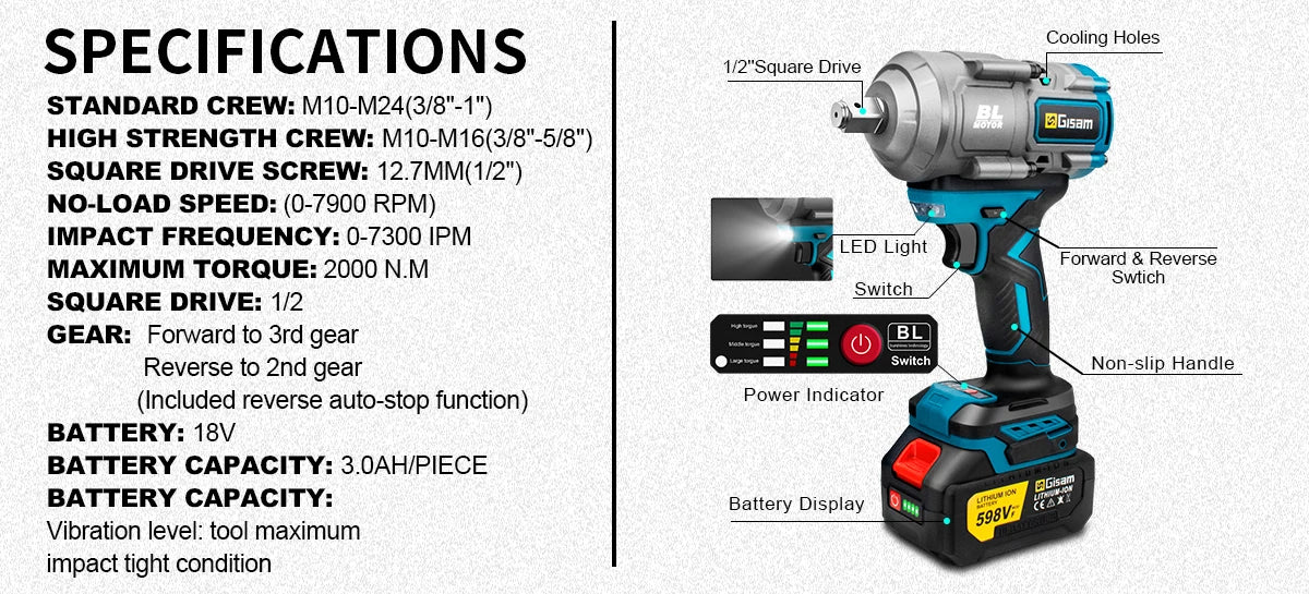 Gisam 2000N.M Torque Brushless Electric Impact Wrench 1/2 inch Screwdriver Cordless Wrench Power Tool For Makita 18V Battery Pin