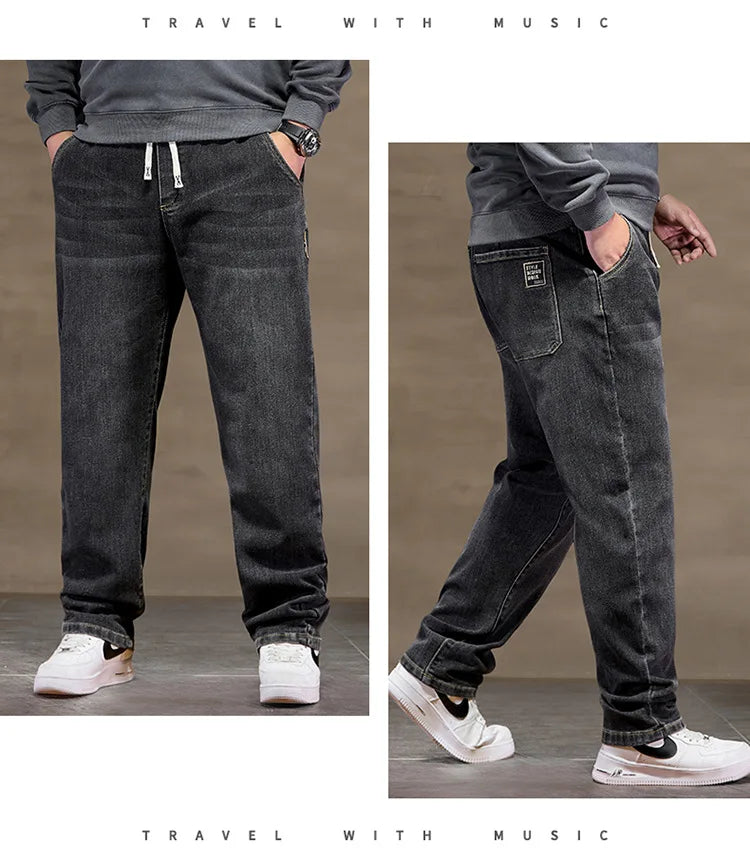 Extra Big Size Jeans Men High Elastic Waist Baggy Denim Pant Male Plus Large Loose Slim Fit Cowboy Trouser 8XL 6XL Classic Black