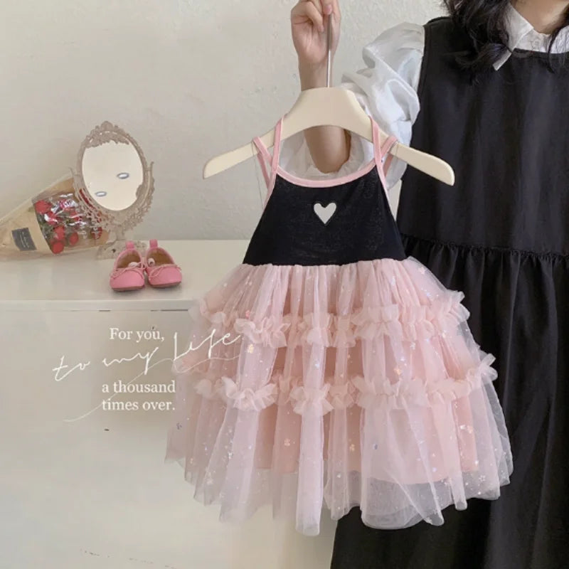 Girls 2024 Summer New Bow Dress Baby Girl Sleeveless Black Pink Princess Dress Toddler Girl Sweet Cute Clothes