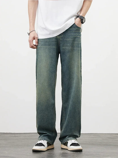 2025Spring Autumn New Men Straight Vintage Fit Jeans Casual Trousers High Quality Male Korean Fashion Baggy Wide Leg Denim Pants