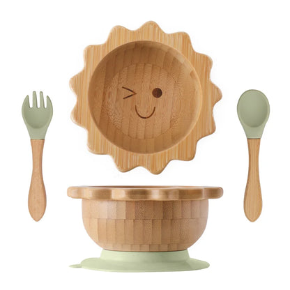 Baby Wooden Tableware Set Wooden Handle Fork Spoon Could Bamboo Wooden Plate Bowl Silicone Suction for Children Feeding Supplies