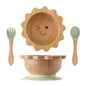 Baby Wooden Tableware Set Wooden Handle Fork Spoon Could Bamboo Wooden Plate Bowl Silicone Suction for Children Feeding Supplies