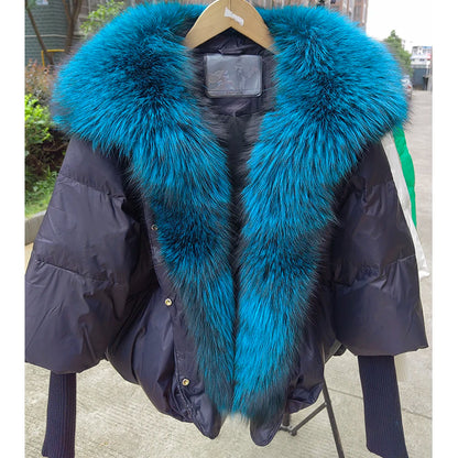 Oversized Winter Warm Real Fox Fur Collar Black Down Coat Women Puffer Outerwear Jackets 2024 Autumn Winter