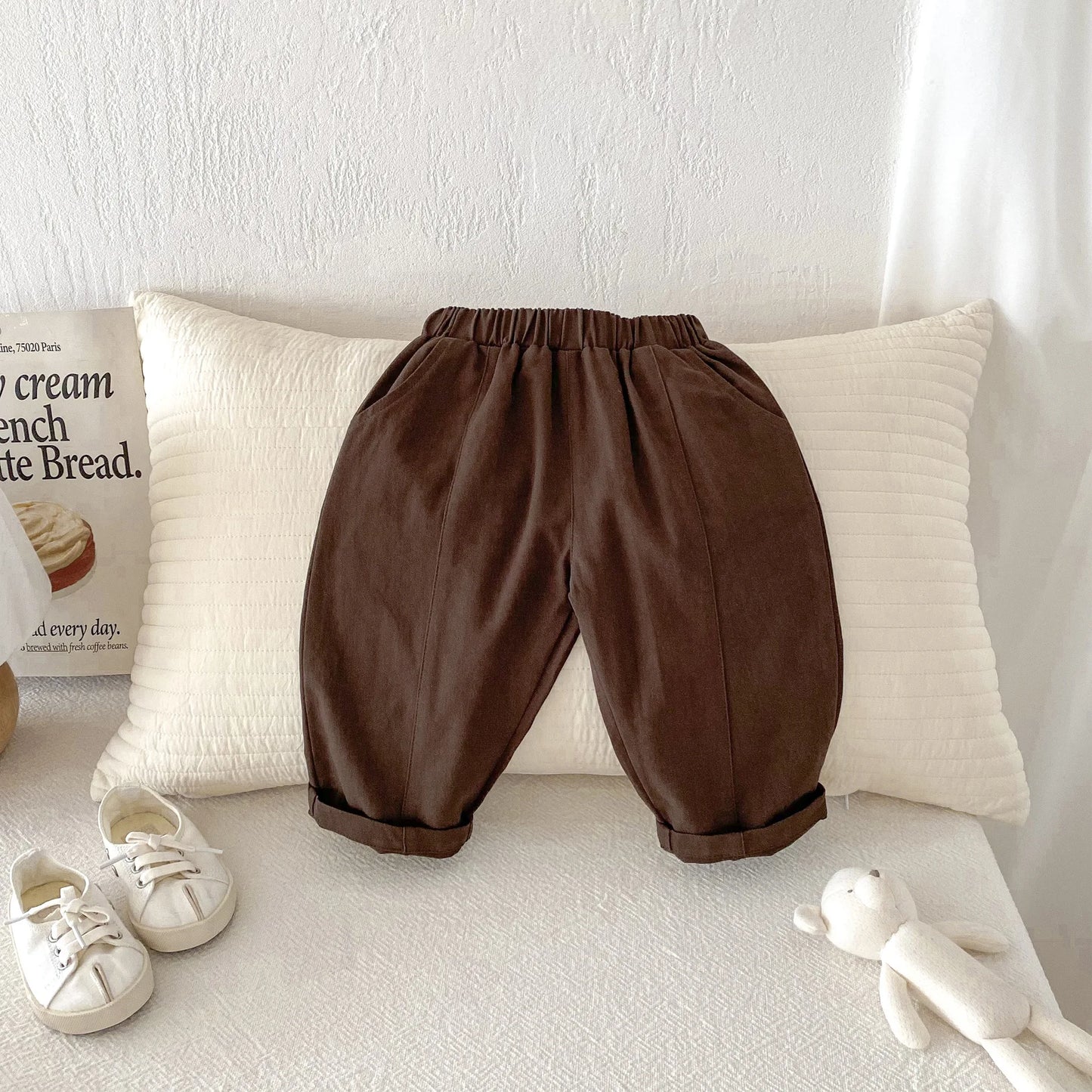 Toddler Girl Cotton Pleated Harem Pants 1-6Y Kids Boys Solid Color Casual Roll Up Trousers Comfy Elastic Waist Kids Bottoms