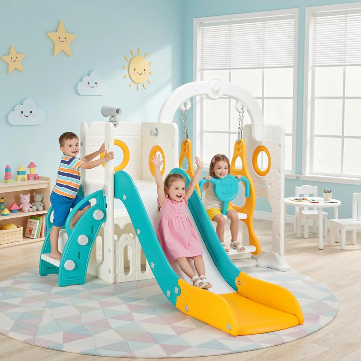 3-in-1 Toddler Slide Climber Playset, Freestanding Slide for Kids Indoor Outdoor Toy W/ Telescope, Tunnel, Basketball Hoop, Ball