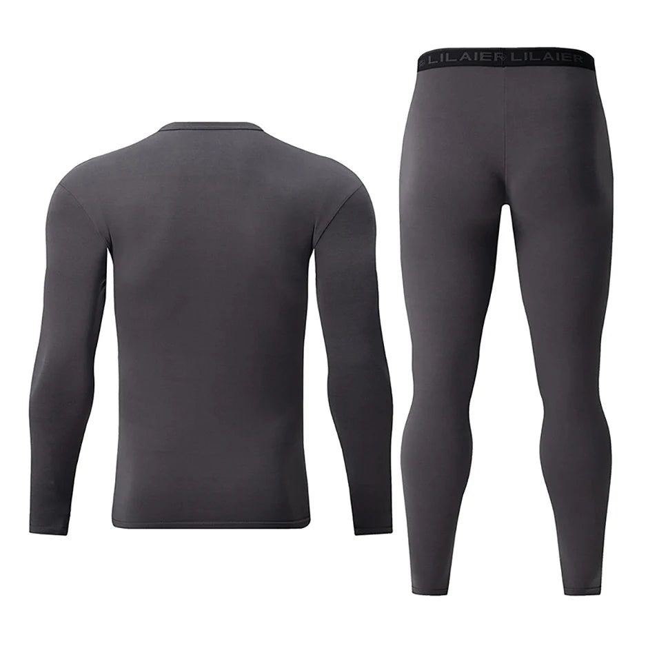 2-piece Men's Autumn And Winter Solid Color Round Neck Fashionable Printed Sports Thermal Underwear Set Simple And Comfortable