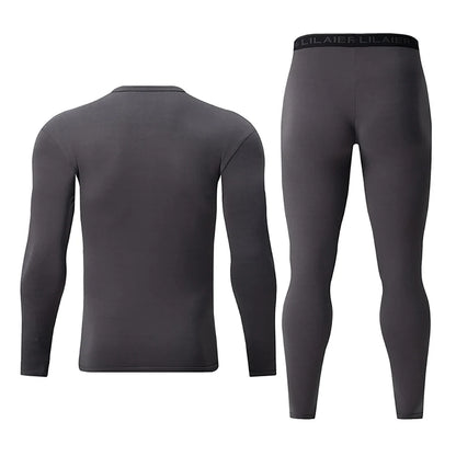 2-piece Men's Autumn And Winter Solid Color Round Neck Fashionable Printed Sports Thermal Underwear Set Simple And Comfortable