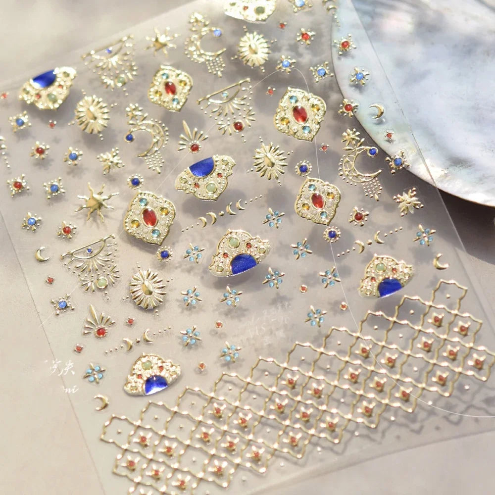 Bohemian Pattern Colorful Love Heart Moon Pearl Crystal Rhinestone 5D Nail Art Sticker Self Adhesive Decoration Manicure Decal
