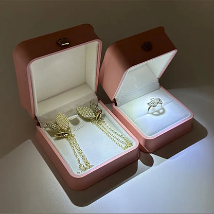 LED Jewelry Ring Box with Llight Luxury Crown Earrings Pendant Storage Display Proposal Wedding Gift Box Jewelry Organizer Box