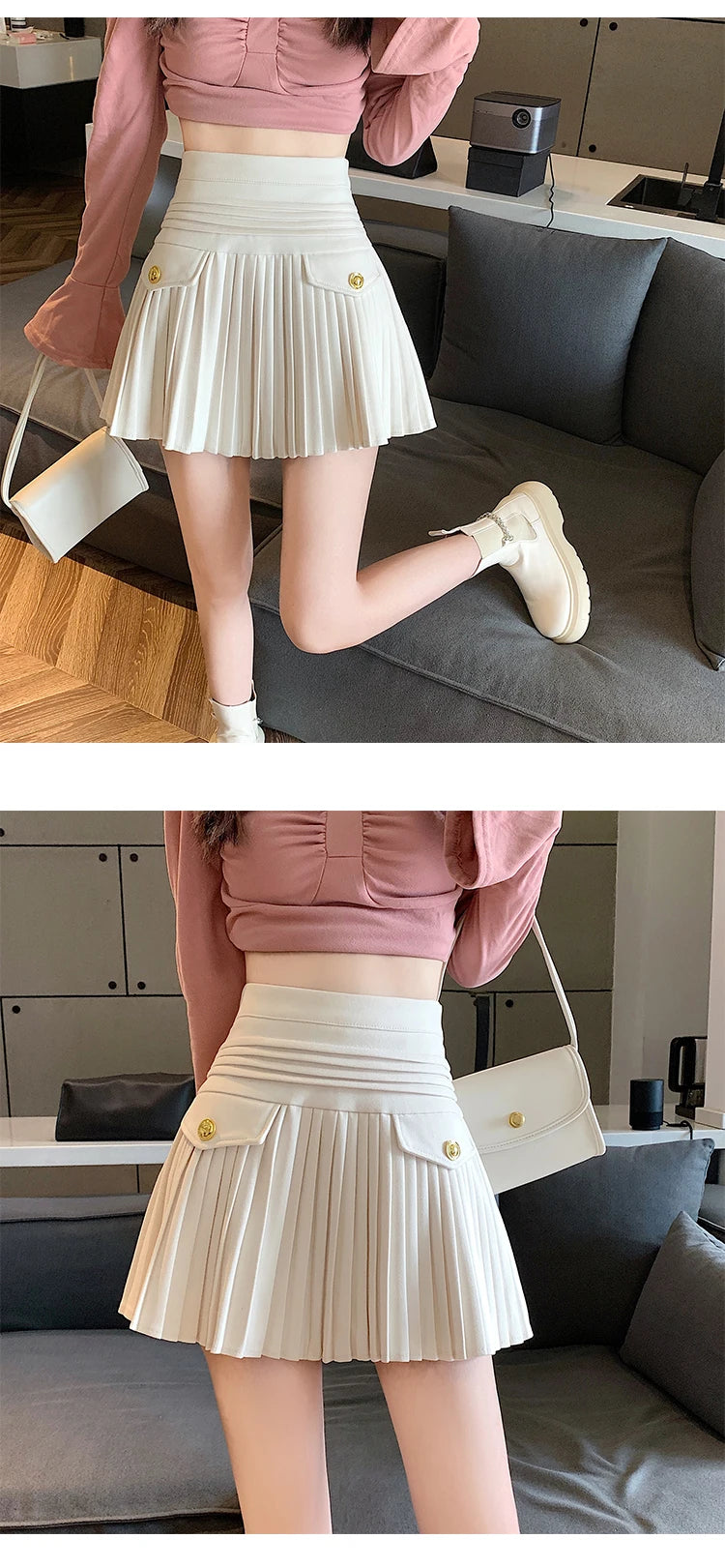 New Fashion Korean Elegant Pleated Mini Skirts Women Vintage Buttons Woolen Solid A-line High Waist Short Skirt Autumn Spring 