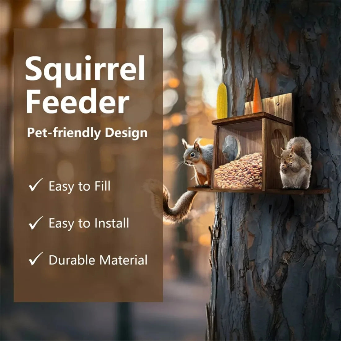 Squirrel Feeder Wooden Construction with Transparent Window Top Cover 2 Side Holes