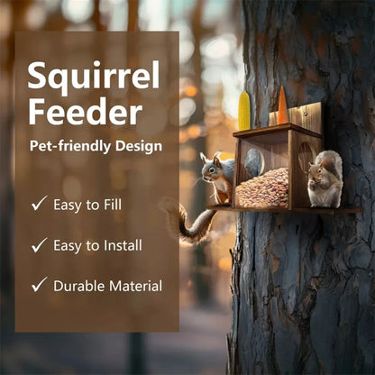 Squirrel Feeder Wooden Construction with Transparent Window Top Cover 2 Side Holes