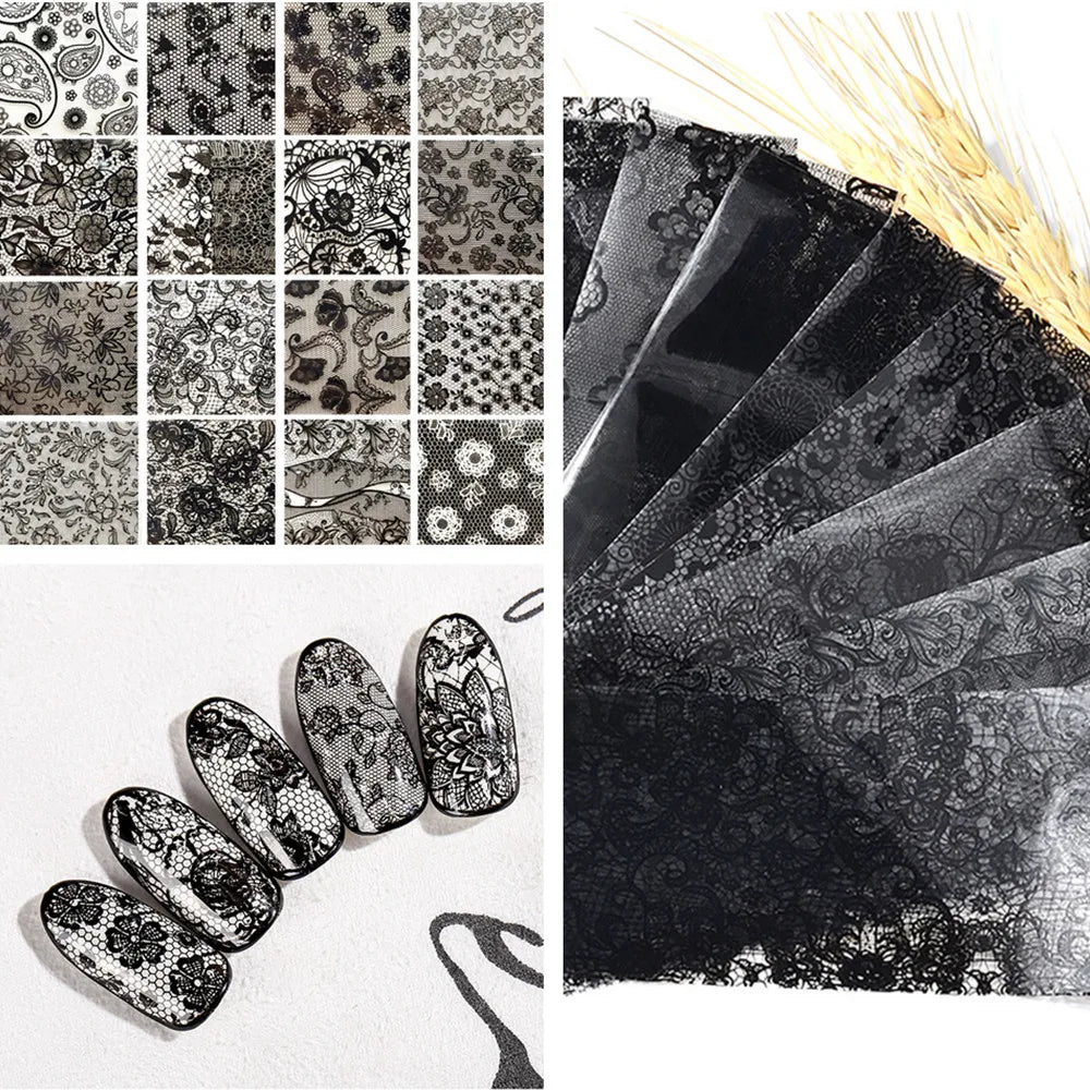 Black  White Lace Rose Nails Foil Stickers Black  Flowers Design Manicure Nail Art Transfer Paper Nails Art Decals
