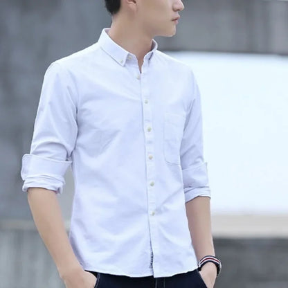 Classic Fit Cotton Full Casual Shirts for Men Solid Color Long-Sleeve Plain Shirt Single Pocket Top Soft Slim Fit Formal Clothes