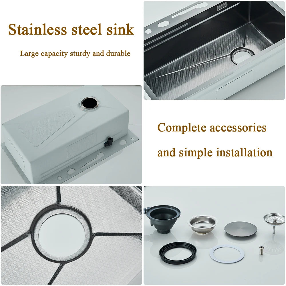 304 Stainless Steel Kitchen Waterfall Sink Digital Display Large Single Sink Dish Basin Sink With Multifunction Touch Waterfall