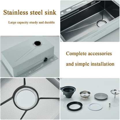 304 Stainless Steel Kitchen Waterfall Sink Digital Display Large Single Sink Dish Basin Sink With Multifunction Touch Waterfall
