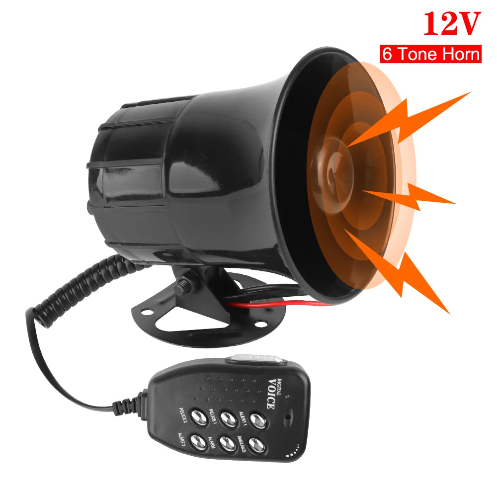12V 120DB Loudspeaker 6 Tone Police Siren Car Air Horn Loud Speaker Automotive Warning Alarm Megaphone Multi-tone Claxon Horn