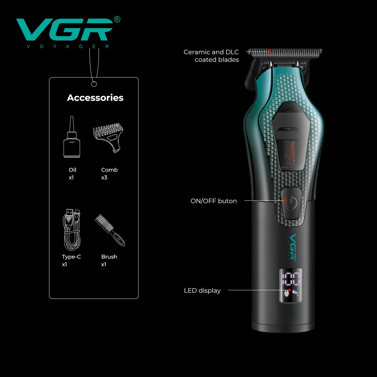 VGR electric hair clipper men's oil head carving electric push gradually changing color metal body 11000 RPM hair clipper V-997