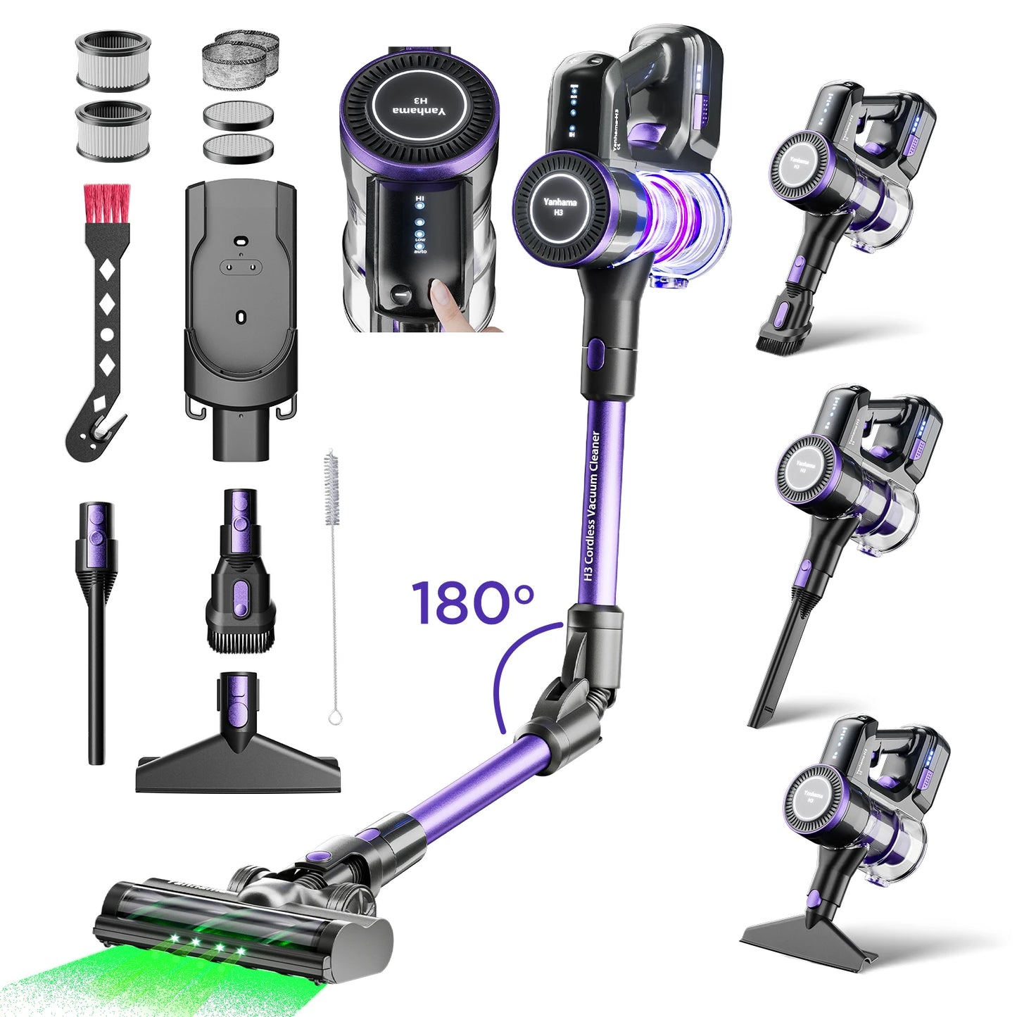 Yanhama Cordless Vacuum Cleaner - 68000Pa/550W Stick Vacuum with Charging Wall Dock, Lightweight Handheld Vacuum for Carpet