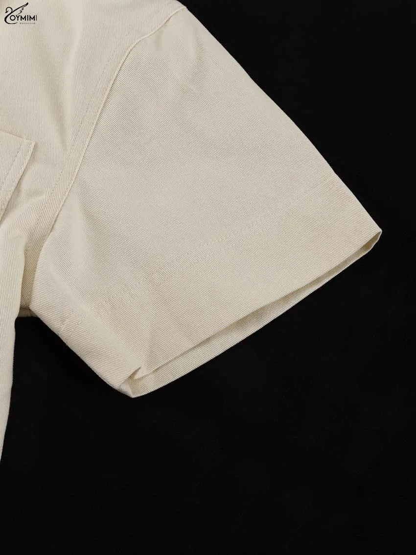 Oymimi Fashion Beige 2 Piece Sets Woman Outfit Elegant Lapel Short Sleeve Pockets Side Slit Shirts And High Waisted Shorts Sets