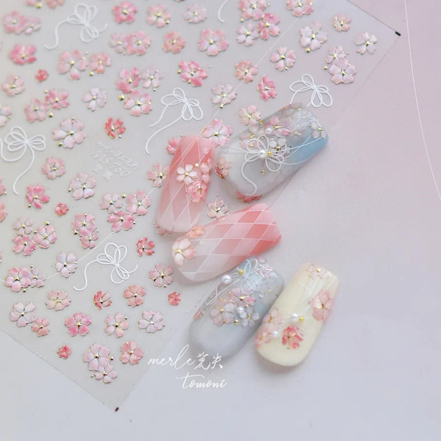 White Flower Petal Cherry Blossom Peach Blossom Falling Petal Floral Gradient 5D Self Adhesive Nail Art Sticker Manicure Decals