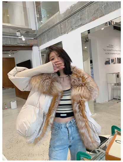 Oversized Winter Warm Real Fox Fur Collar Black Down Coat Women Puffer Outerwear Jackets 2024 Autumn Winter