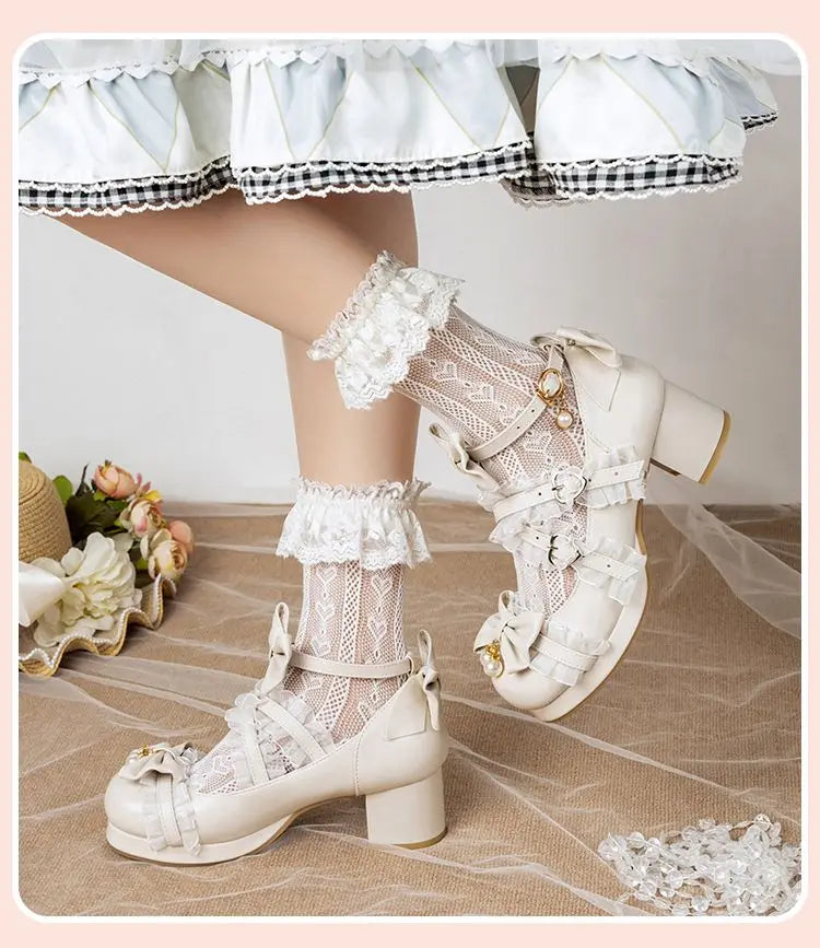 NASBAVI White Lace Bow Cosplay High Heels Women Cross Strap Buckle Platform Mary Jane Shoes Female Party Princess Lolita Pumps