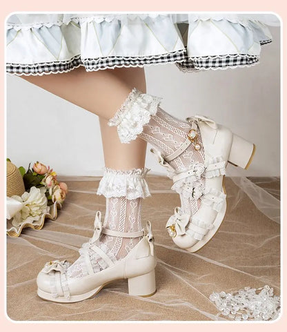 NASBAVI White Lace Bow Cosplay High Heels Women Cross Strap Buckle Platform Mary Jane Shoes Female Party Princess Lolita Pumps
