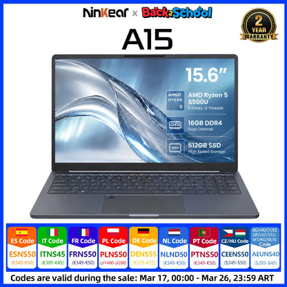 Ninkear A15 Pro Laptop 15.6 Inch FHD IPS AMD Ryzen 5 5500U 16GB RAM 512GB SSD Metal Notebook Fingerprint Unlock Backlit Keyboard WiFi 6 USB-C PD 65W Fast Charge Windows 11 Portable Computer EU Plug