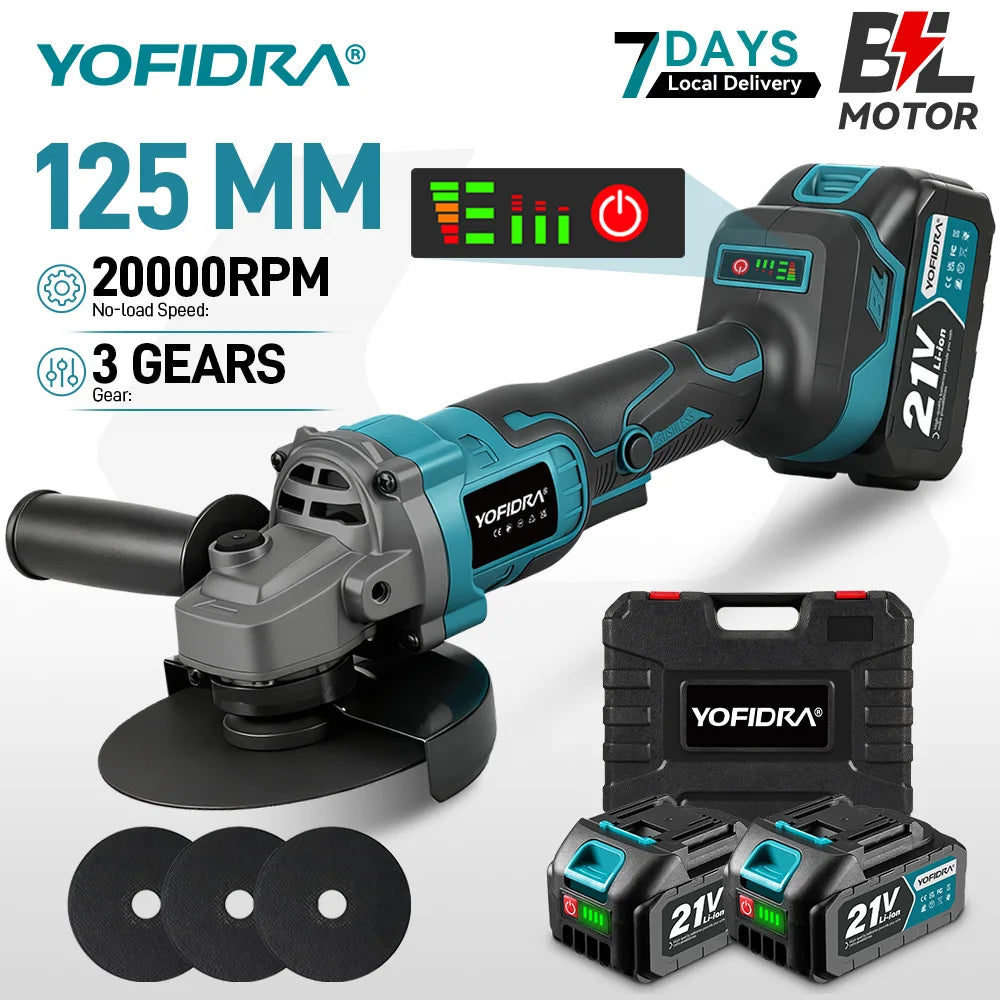 YOFIDRA 125mm Brushless Electric Angle Grinder 20000RPM Wood Metal Cutting Grinding Polishing Power Tool For Makita Battery Pin