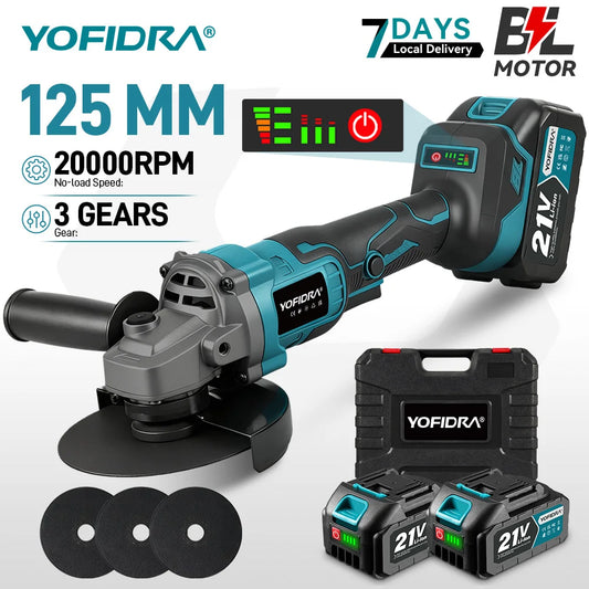 YOFIDRA 125mm Brushless Electric Angle Grinder 20000RPM Wood Metal Cutting Grinding Polishing Power Tool For Makita Battery Pin