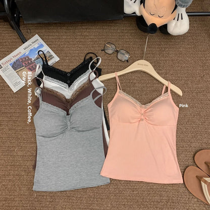 Pure Desire Sexy Lace Splice Strap Vest Women's Inner Wear Slimming Matching Top Trendy Tube Top Cotton Blend Elastic Fiber