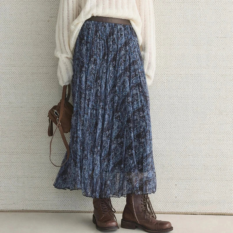High Waisted Printed Vintage Long Skirts Women Korean Loose Pleated A Line Mesh Skirt Woman Big Hem Mid Length Tulle Skirts