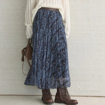 High Waisted Printed Vintage Long Skirts Women Korean Loose Pleated A Line Mesh Skirt Woman Big Hem Mid Length Tulle Skirts