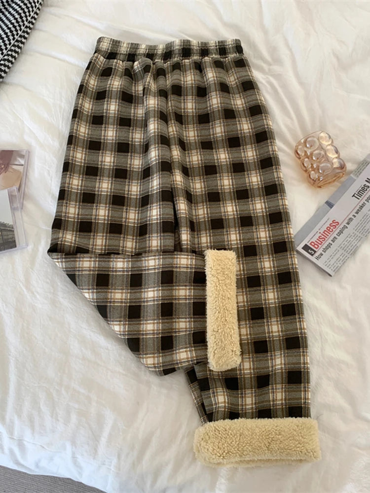 JMPRS Fashion Warm Plush Pants Thick Plaid Women Casual Loose Wide Leg Trousers Korean Streetwear Straight Student Pants New