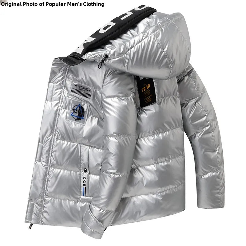 New Winter Men's down Jacket Thickened Short Bright Leather Fur Collar Warmth Anti-Cold Youth Short Stylish Polyester Fiber