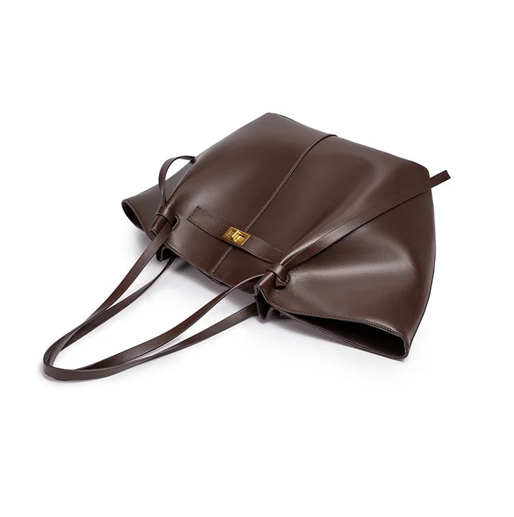 Fashion Large Capacity Trapeze Women Shoulder Bags Designer Metal Lock Handbags High-Quality Pu Leather Big Tote Commute Bag