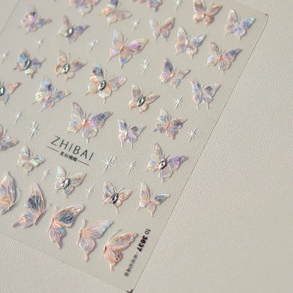 Shiny Jelly Butterfly Charming Golden Gradient Bowknot 5D Self Adhesive Nail Art Sticker Flower Petal Rhinestone Manicure Decals
